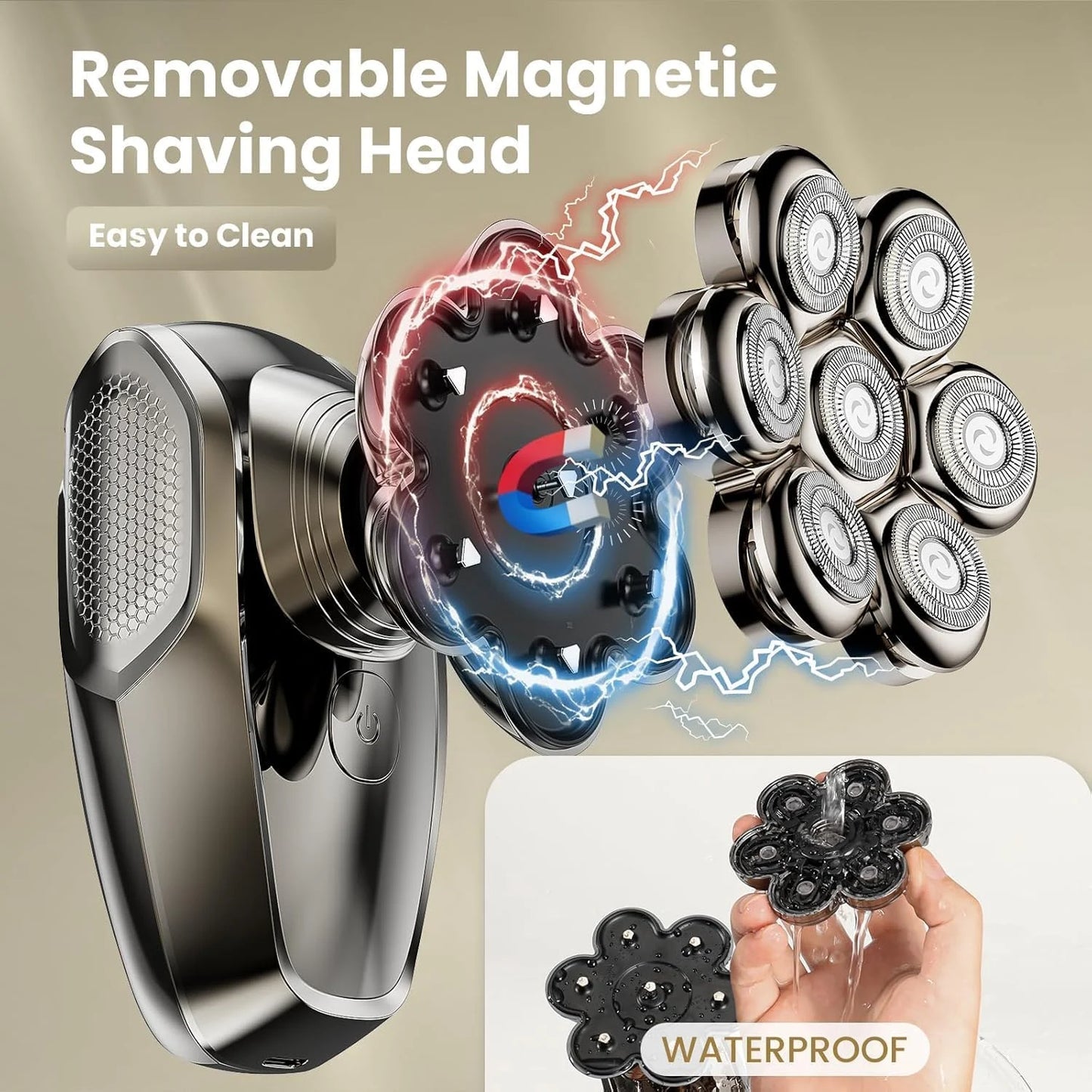 5-in-1 7D Electric Head Shaver for Bald Men, Magnetic Detachable Rotary Shaver, IPX7 Wet & Dry, LED Display, USB-C Rechargeable Grooming Kit