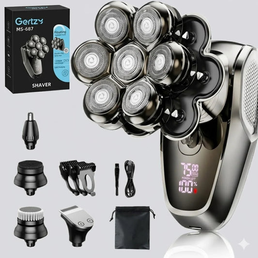 5-in-1 7D Electric Head Shaver for Bald Men, Magnetic Detachable Rotary Shaver, IPX7 Wet & Dry, LED Display, USB-C Rechargeable Grooming Kit